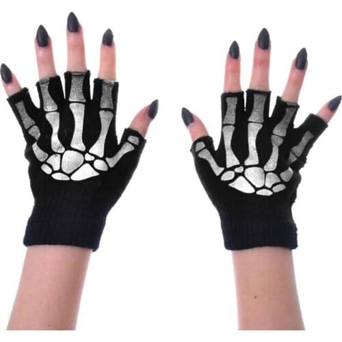 Goth Ladies Personalized Skeleton Skull Gloves Women Half Finger Stretch Knitted Winter Mittens Warm Female Fingerless Gloves
