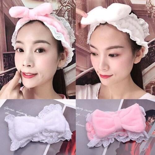 Soft Coral Fleece Lace Edge Bow Headband for Women Girls Turban Hair Accessories Headwear Wash Your Face Hair Holder Hairbands