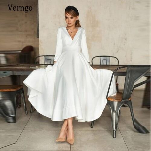 Verngo Simple Soft Satin A Line Short Wedding Dress With Bottoned Long Sleeves V Neck Tea length Vintage 2021 Bridal Gowns