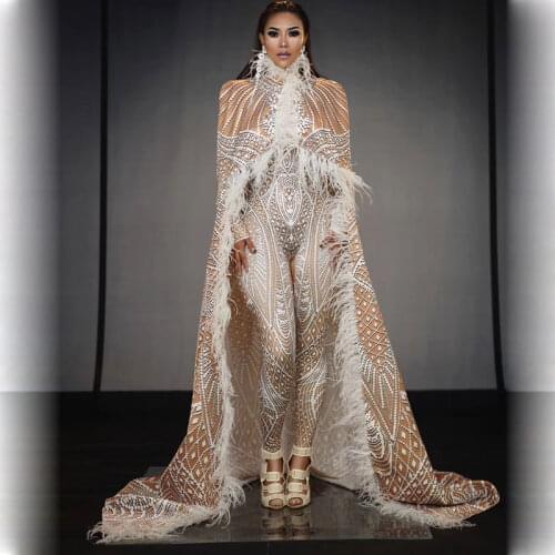 Drag queen Singer Stage Wear 3D Printing Stretch Leotard Jumpsuit Feather Cloak Outfit Birthday Dancer Models Catwalk Costume