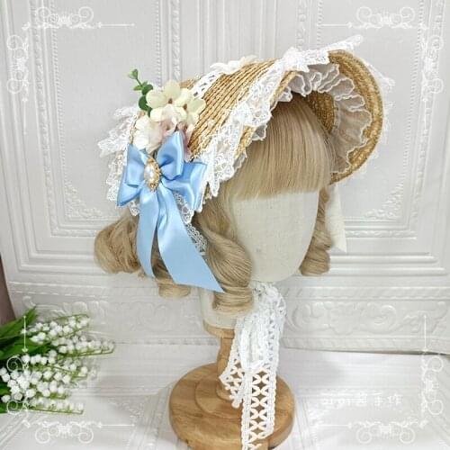Original Handmade Lolita Straw Hat Flat Hat New Ancient Style Han Chinese Clothing Vintage Gorgeous Elegant Ponette BNT Hat