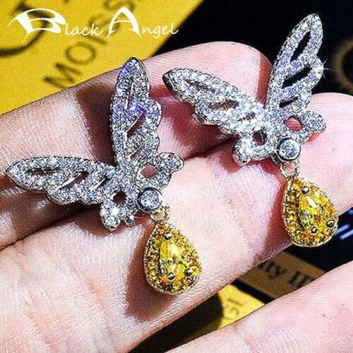 BLACK ANGEL 18K Gold Elegant Butterfly Inset Luxury Citrine Pink Crystal Gemstone Stud Earrings for Women Wedding Fine Jewelry