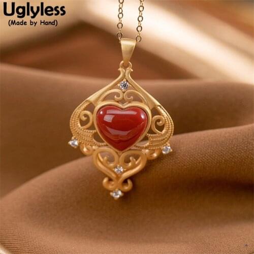 Uglyless Luxury Palace Style Retro Pendants for Women Natural Agate Heart-shape Gemstones Necklaces NO Chain 925 Silver Jewelry