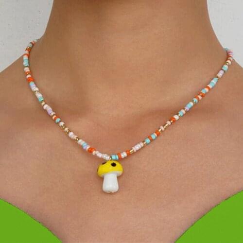 Bohemian Rainbow Mushroom Necklace for Women Beads Handmade DIY Nostalgic Vintage Necklace Charms Jewelry 90s Aesthetic New