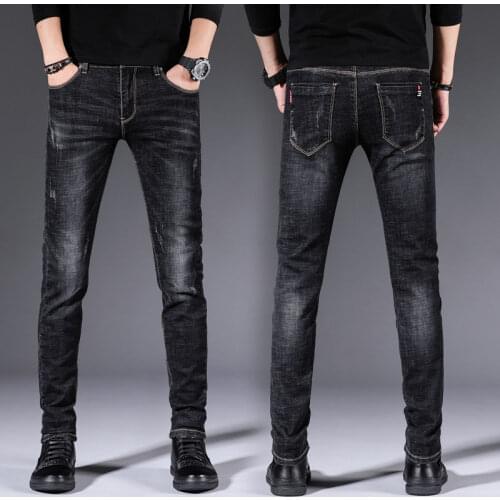 Spring new stretch black jeans mens slim feet straight teen mens trend fashion casual long pants