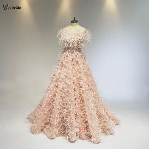 YYbride New Design Pink Feathers Evening Dresses Luxury Customized Crytals Prom Dresses Off Shoulder Sexy Women Formal Dresses
