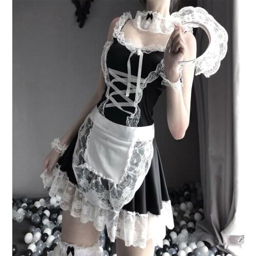 Women Lace Maid Uniform Role Play Deep V Hollow Out Adult Sexy Exotic Lingerie Underwear Bandage Nightwear Body Suits Cosplay