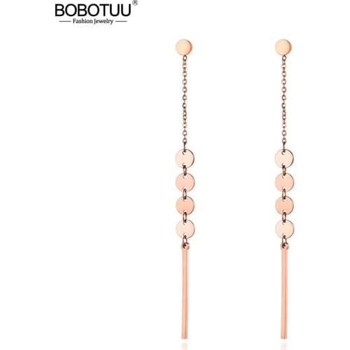 BOBOTUU Bohemia Stainless Steel Smiling Face Tassel Drop Earrings Jewelry OL Style Rose Gold Dangle Earring For Girl BE19094