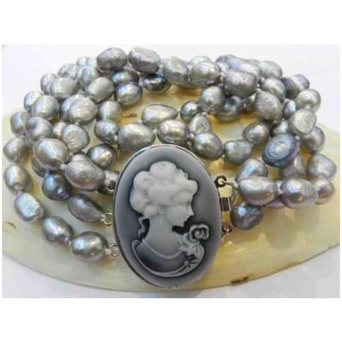 Stunning Pearl Jewelry 3 Rows Silvers Gray Color Cultured Pearl Necklace Embossed Queens Avatar Clasp Perfect Women Gift