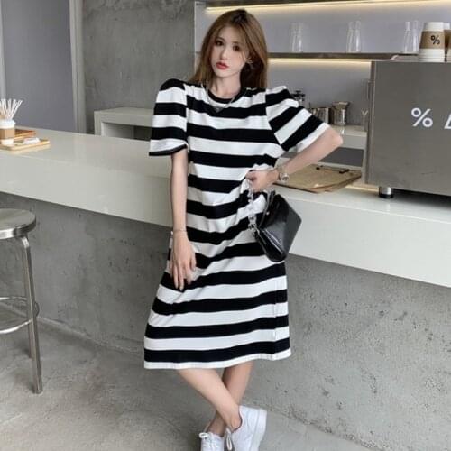 Ins Striped Dress for Women Summer Casual Vintage Style Puff Sleeve O-neck Loose Dresses Hipster Fashion Female Clothes New