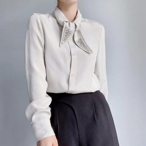 100% Silk Women Blouse 2021 Runway Fashion Summer Shirt Solid Diamonds Beading Single Breasted Elegant High Quality Blouse