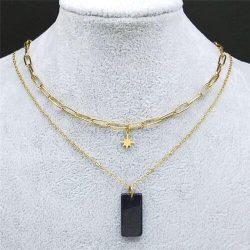 2pcs Stainless Steel Black Natural Stone Women/Men Gold Color Star Layered Blue Sandstone Necklaces Jewelry collier NZ10S04