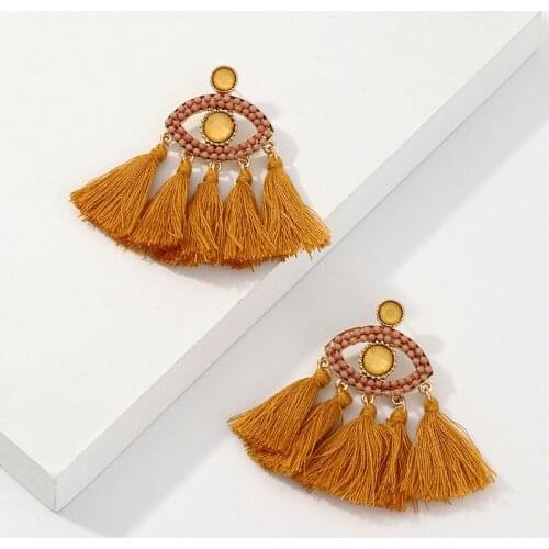 Bohemia Brown Cotton Rope Tassel Eye Shaped Pendant Long Drop Earrings for Women Bijoux Girls Fashion Jewelry