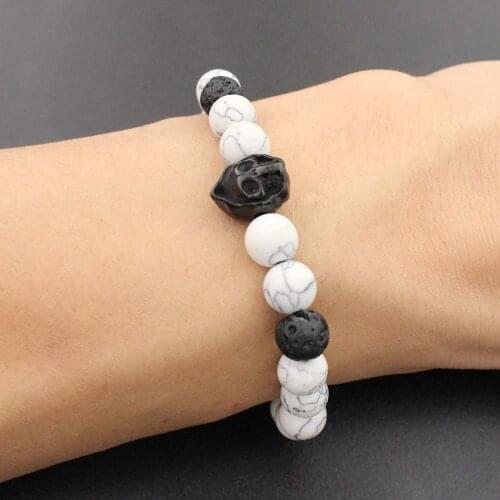 Stainless Steel Black Skull Charm Bracelet for Men/Women Fashion Jewelry 8mm White Natural stone bead Bracelets Jewelry