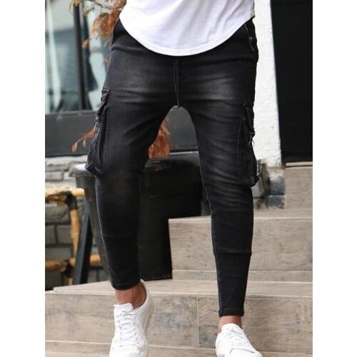 Black Joggers Pencil Pants Men Gym Fitness Jeans Male Multi-pocket Casual Skinny Pants Pocket Zipper Slim FIt Work Pants