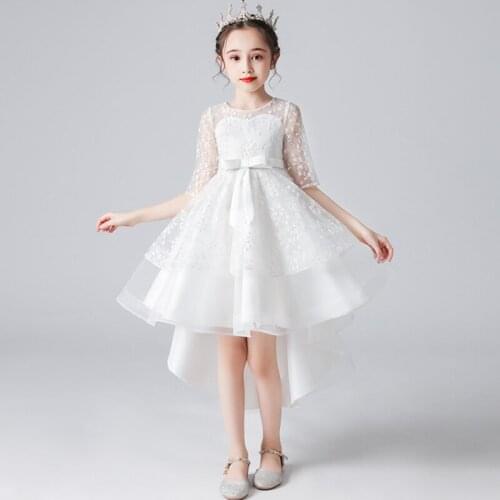 High Low White Flower Girls Dress Lace Tutu Toddler Girls Half Sleeve Dresses Kids Party Ball Gown Little Girls Princess Prom 4t