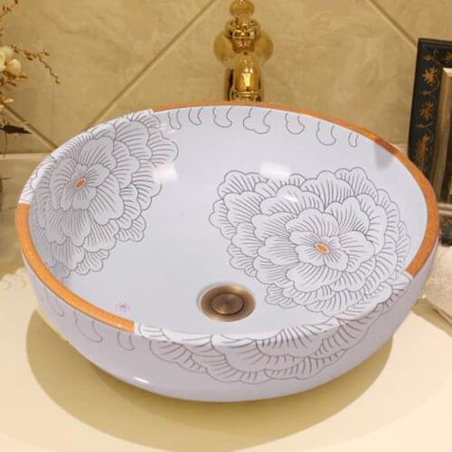 Chinese Handmade Flower Modern Artistic White Vessel Sink Ceramic Bathroom Sink round wash sink