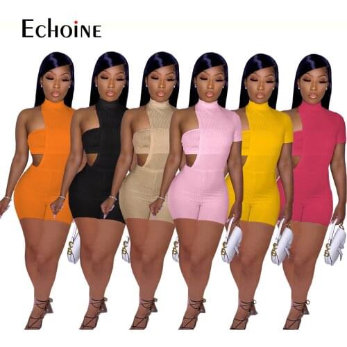 Echoine Women Sexy Knit Ribbed Asymmetry Two Piece Set Jumpsuit and Strapless Tracksuit Women Streetwear Sportsuit Club Outfits