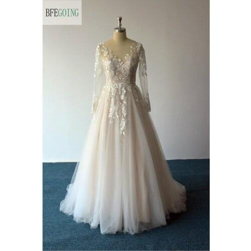 Ivory Lace Tulle V-Neck Long Sleeves Floor -Length A-line Wedding dress Bridal gown Court Train Custom made