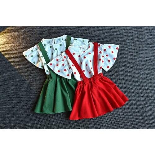 Explosion models summer girls baby new childrens suits dot short-sleeve shirt solid color strap short skirt two-piece