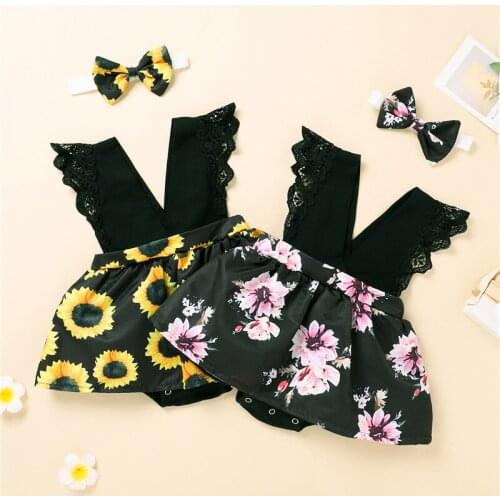 Summer Newborn Baby Girl’s Flower Romper Ruffled Lace Decoration Sleeveless V neck Jumpsuit with Headband