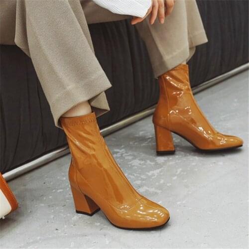 PXELENA Fashion Ladies Ankle Boots Office Party Date Dress Chunky Block High Heels Patent Leather Shoes Autumn Plus Size 34-43