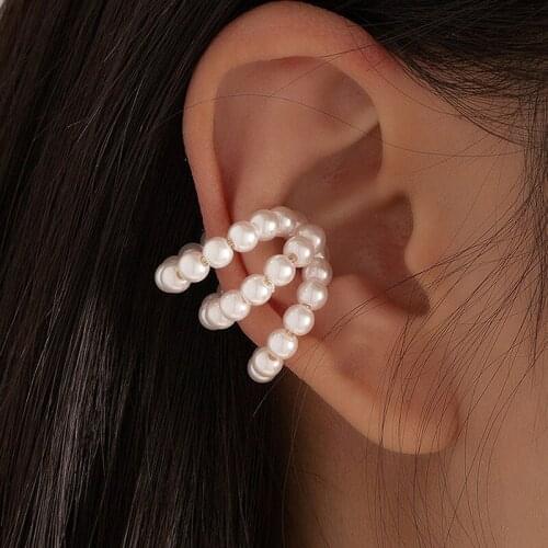 Trendy Ins Gold Wired Handmade Pearl Beads Minimalism Irregular Ear Cuff Hoop Earrings Korean Fashion Chic Women Party Jewelry