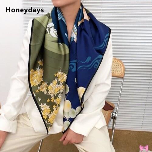 Fashion Ladies Print 100% Silk Scarf Travel Warm Square Towel Trendy Decorative Wrap Shawl Shawl for Bag Beach Sunscreen Turban