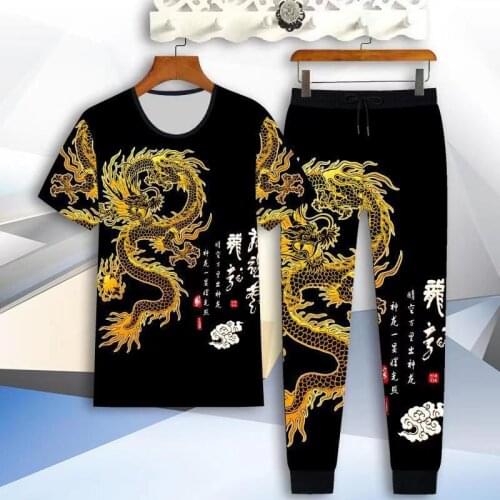 3D dragon print mens casual suit summer short-sleeved T-shirt + trousers 2-piece trendy Chinese style mens clothing