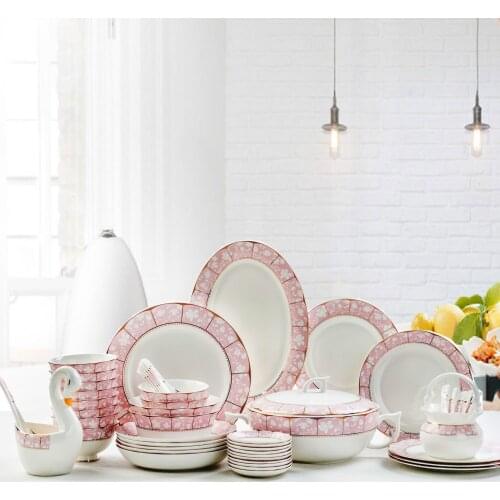 Bone China Tableware Suit Pink 50 Head Bowl Dish & Plate Combination Kitchen Accessories