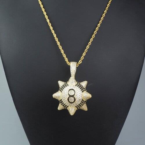 New Iced Out Spike Black 8-Ball Billiard Pendant Necklace With Miami Cuban Chain Hip Hop Rapper Jewelry Gifts