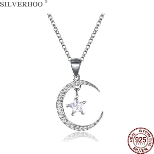 SILVERHOO 925 Sterling Silver Shining Star & Moon Pendant Necklaces For Women Clear 5A Cubic Zirconia Necklace Luxury Jewelry