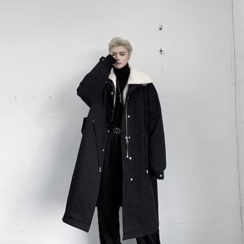 Men Winter Splice Lambswool Collar Loose Long Parka Overcoat Cotton Padded Trench Coat Male Streetwear Hip Hop Jacket Outerwear