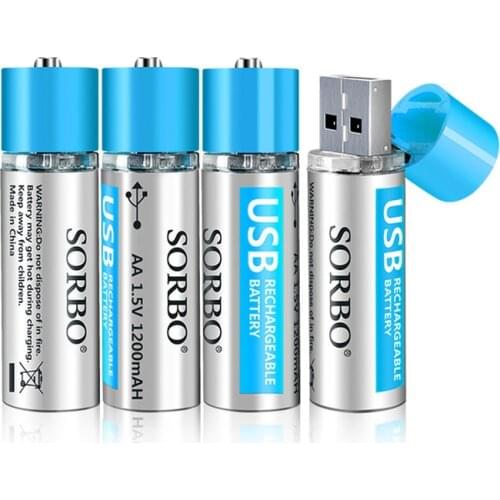 SORBO USB Rechargeable Battery 1.5V AA 1200mAh Lithium Polymer Lithium Battery USB Rechargeable Lithium Battery RoHS CE