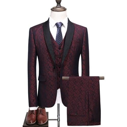 Jacket+ Vest + Pants ) Floral Elegant Dress Men Suits Bridegroom Wedding Dress High-end Formal Stage Performance 3 Piece Set