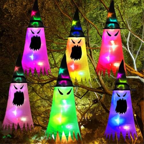 Garden Decoration Glowing Angry Ghost With Witch Hat Halloween Holiday Decor Outdoor Tree Hanging Ornament Diy Led Lights Props
