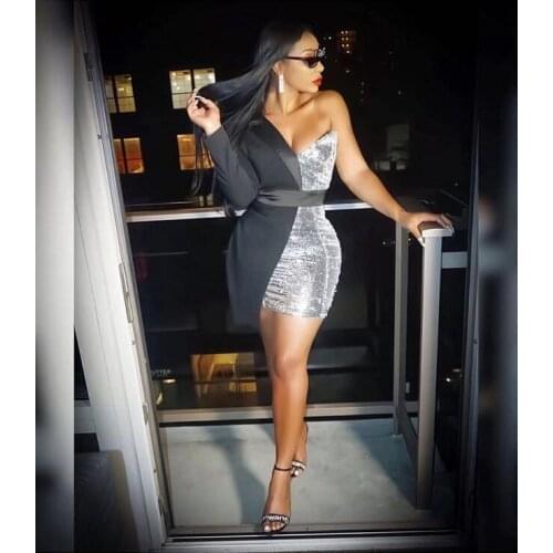 Long Sleeve One-Shoulder Sexy Women Asymmetri Dress Elegant NightClub Party DS Sequined Celebrity Dress Top Quality