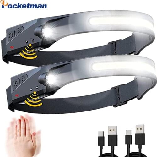 80000M Motion Sensor LED Headlight COB LED Headlamp with Built-in Battery Flashlight USB Rechargeable Head Lamp Torch Work Light