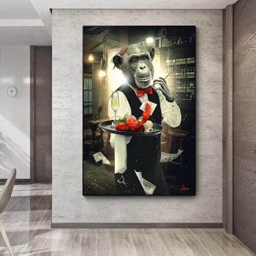 Funny Monkey Picture Prints On Canvas Waiter Fashion Wall Art Paintings for Bedroom Living Room Frameless Wallpaper