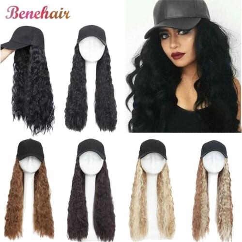 BENEHAIR Baseball Cap Wig Hat With Hair Water Wave Synthetic Hair Extension Hair Piece With Black Cap For Women Fake Hair