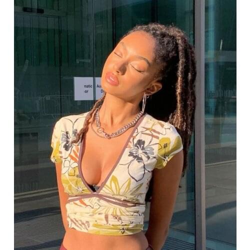 Women’s Casual Short Sleeve T-shirt Fashion Flower Exposed Navel Slim Fit Pullover Tops