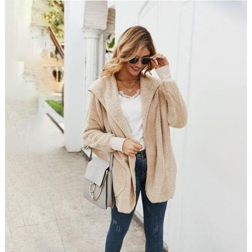 Women Elegant Loose Hooded Jackets 2021 Casual Big Pocket Faux Fur Coat Outwear Autumn Winter Solid Warm Cardigans Streetwear