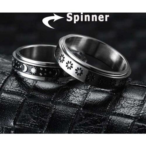 Stainless Steel Spinner Ring for Women Men Retro Star Moon Flowers Anxiety Rings Stress Release Accessory Wedding Band Jewelry