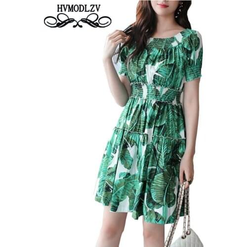 Fold Loose Dew Shoulder Vestido Leaves Printed Short Sleeve Dress 2021 Spring New Women Large Size High Quality Clothing LJ495