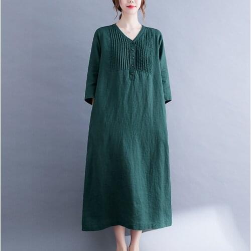 2021 New Arrival V-neck Button Pleated Fashion Summer Dress Cotton Linen Loose Women Casual Dress Office Lady OL Work Dress