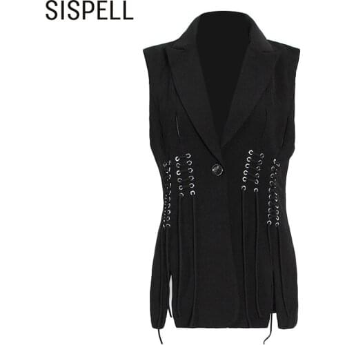 SISPELL Patchwork Rope Vest Coats For Female Lapel Collar Sleeveless High Waist Slimming Womens Coat Fahsion New 2021