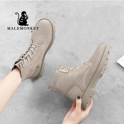 Winter Women Boots 2020 Short Plush Ankle Boots Genuine Leather Motorcycle Boots Warm Casual Black 942699