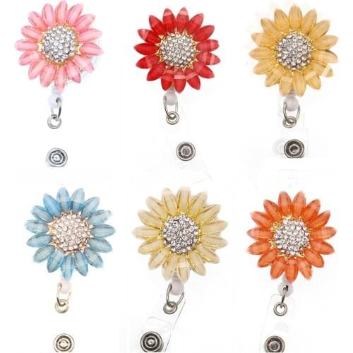 10/20 pcs/lot Mix Style Beautiful Rhinestone Sunflower Retractable ID Badge Holder Reel