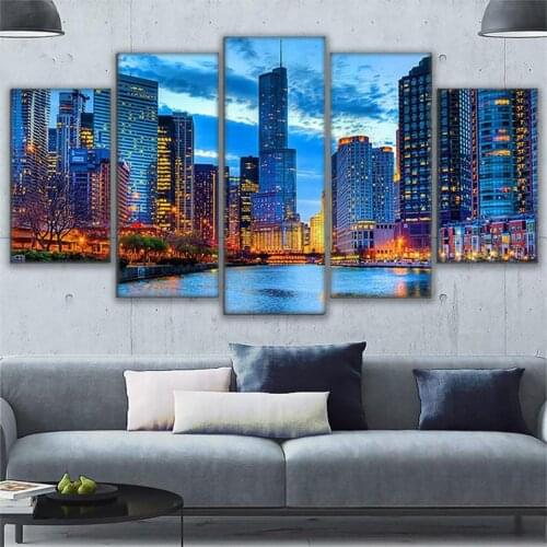 Framed Canvas Wall Art Pictures Home Decor 5 Pieces Chicago City Night View Paintings HD Prints Beautiful River City