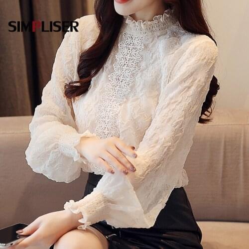 Grace Chiffon Blouses Women Pure White Hollow Out Lace Shirts Lantern Sleeve 3D Floral Femme Blusas Elegant Blouse White Tops